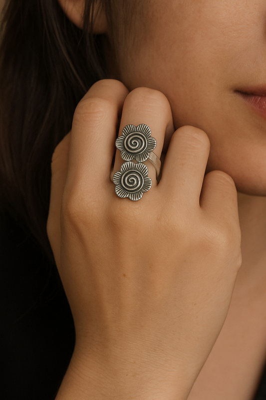OXIDISED DUAL FLOWER RING