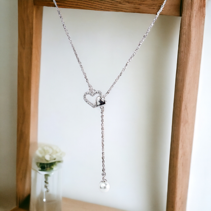 Silver Diamond Heart Lariat Chain