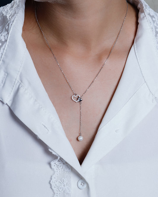 Silver Diamond Heart Lariat Chain