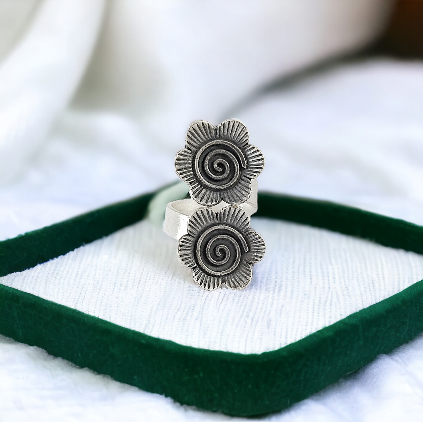 OXIDISED DUAL FLOWER RING