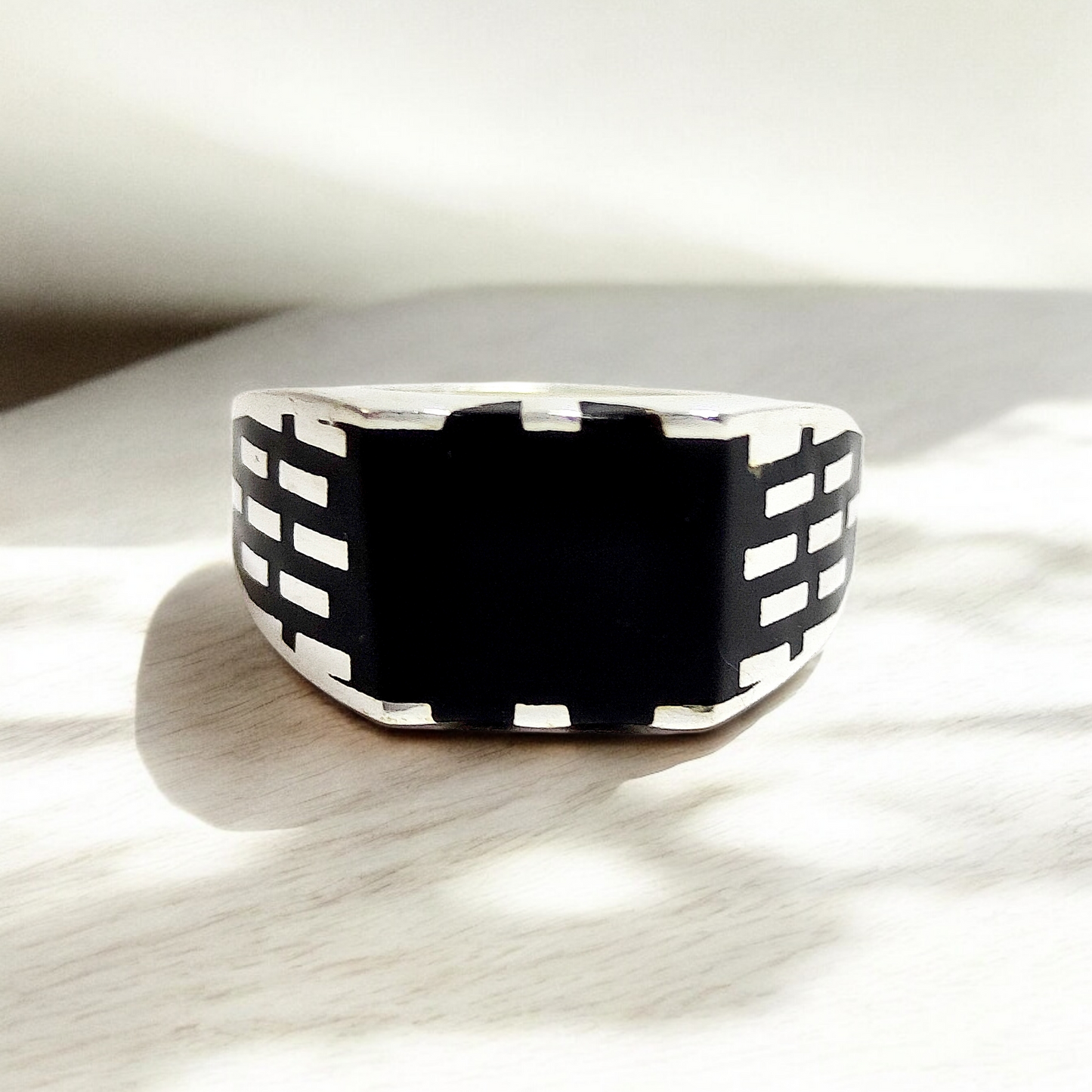 Black Agate Stone Silver Ring