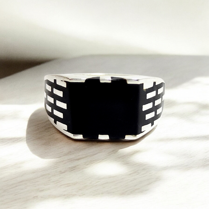 Black Agate Stone Silver Ring