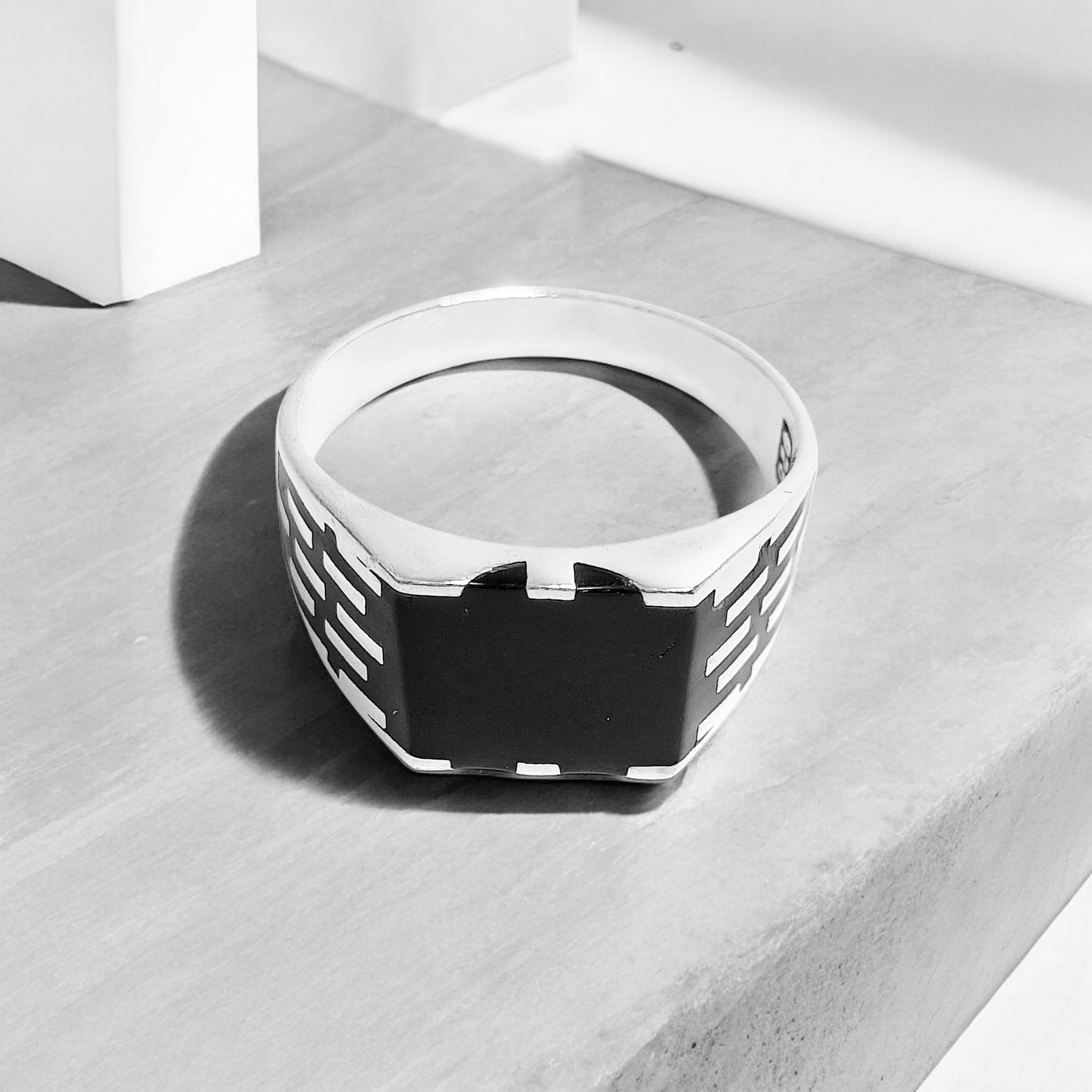 Black Agate Stone Silver Ring